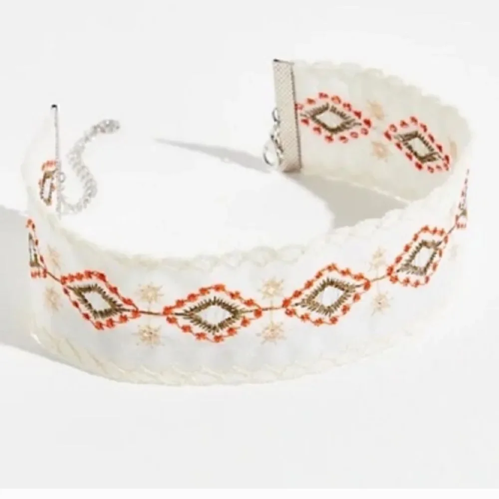 Free People White Embroiderered In My feeling Choker Boho Western Neckla…